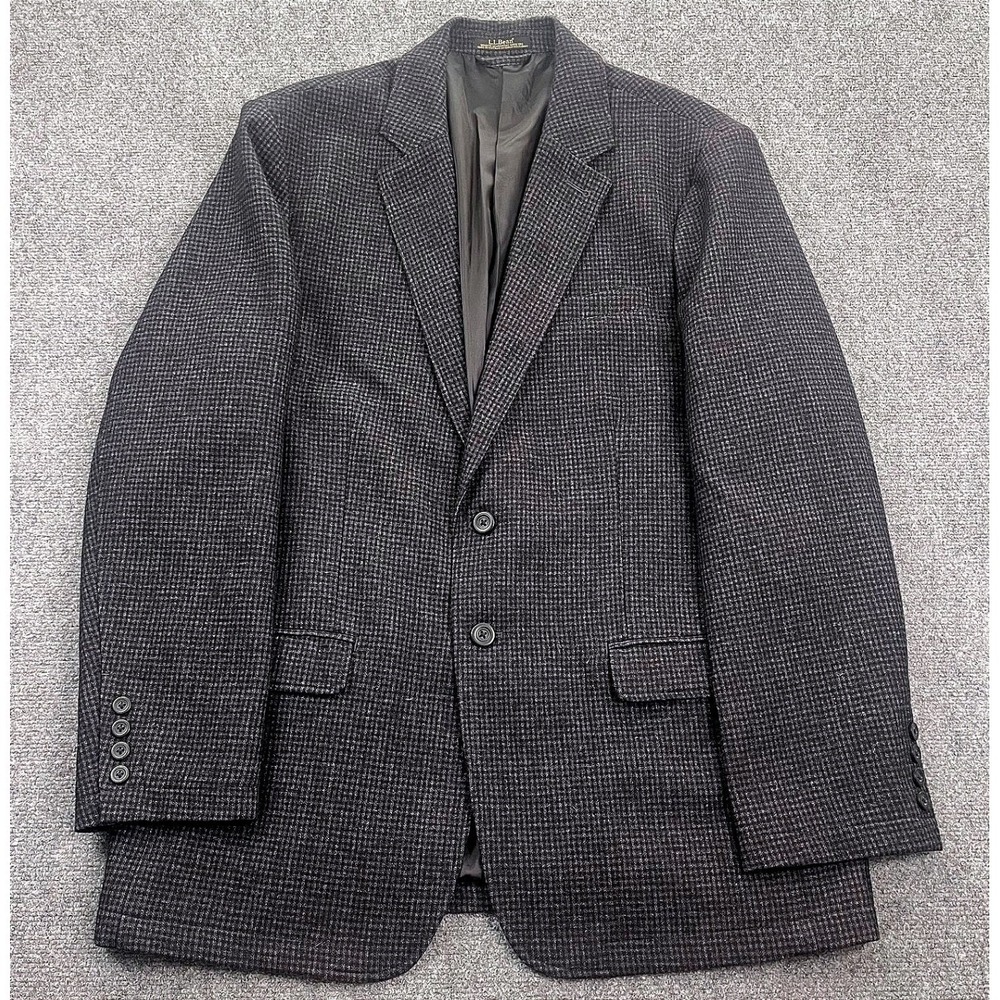 LL Bean Men Jacket 46T Wool Blend Blazer Grey Houndstooth Sport Coat Herringbone